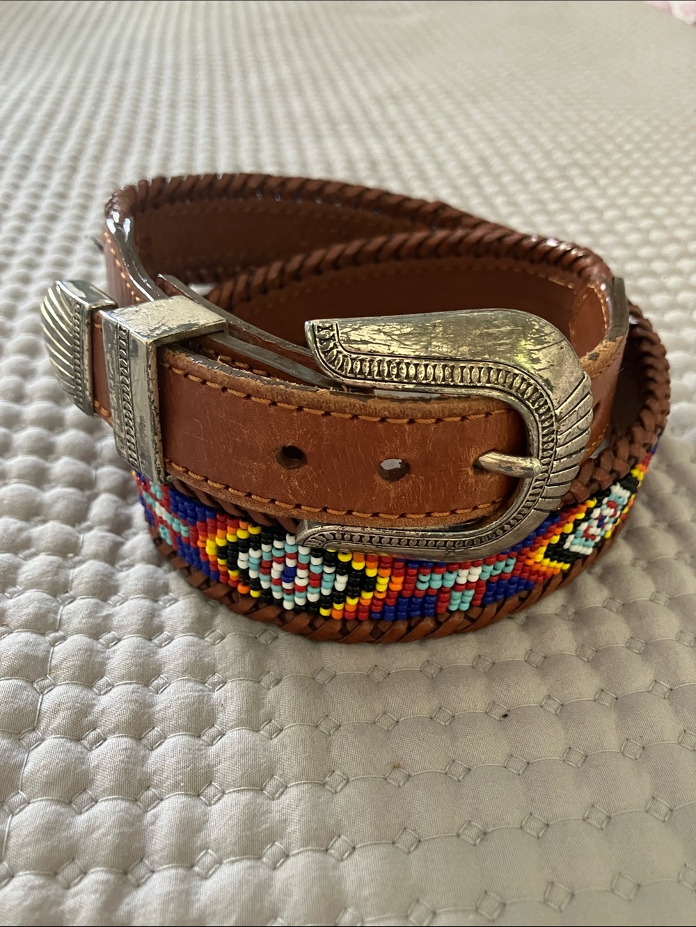 Brown Leather Beaded Men’s Belt with Silver Buckle